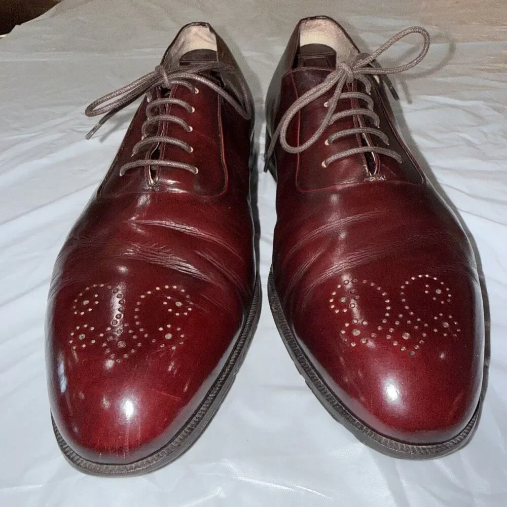 Bally Bilbao Mens 10D Oxblood Burgundy Leather Derby Brogue Lace Up Dress Shoes